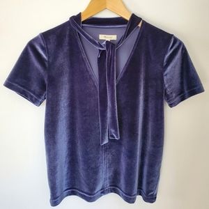 Madewell Blue Velvet Tie Neck Top (Size XXS)